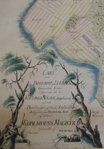 Udsnit af kort over Boserup- og Lerbækgårdenes jorder ..... 1780 (VII 1780) Udsnit af kort over Boserup- og Lerbækgårdenes jorder ..... 1780 (VII 1780)